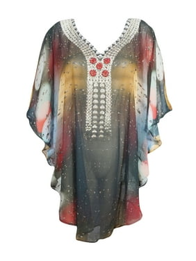 Mogul Women Boho Kimono Loose Semi-Sheer Kaftan Tunic Top Georgette Loose Evening Tunic Dress 4X