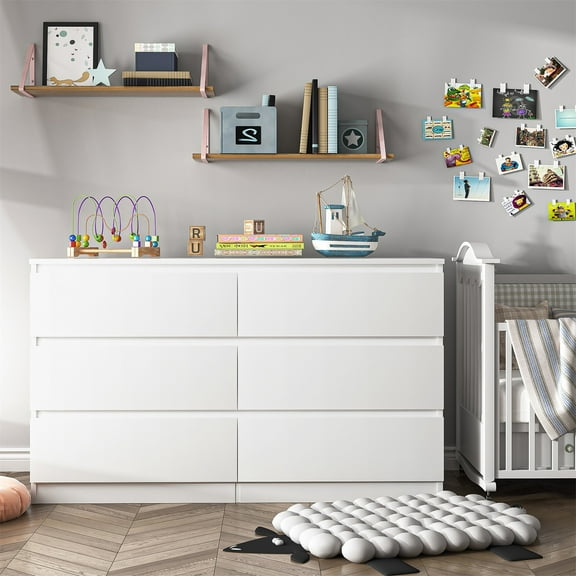 Hommoo White 6 Drawer Dresser, Wood Modern Storage Cabinet Dresser Organizer, Chest of Drawers for Living Room, Closet, Hallway, Nursery