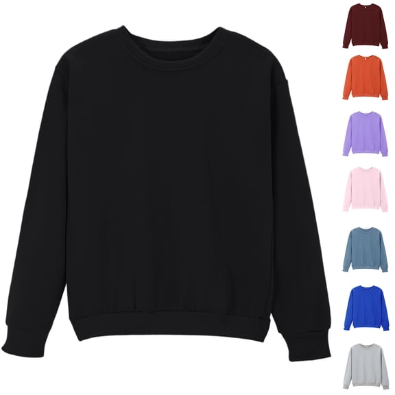 Hrsba Basic Sweatshirts for Women Solid Color Crew Neck Long Sleeve No Hood Loose Daily Crop Sweatshirt