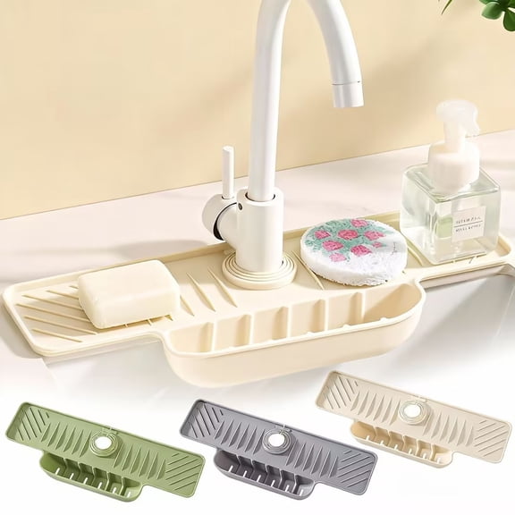 Non-Slip Kitchen Sink Pad with Storage Pocket | Water Absorbing Faucet Mat | Bathroom Counter Protector | Sponge & Brush Holder | Easy Clean Drainage Mat