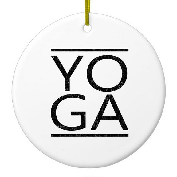 DistinctInk Hanging Ceramic Christmass Tree Ornament with Gold String - Great Gift / Present - 2 3/4 inch diameter - Yoga Black Word Art