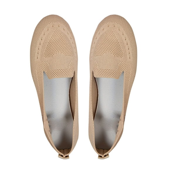 Lovskoo 2024 Women's Loafers Mesh Knit Shoes Round Toe Low Wedge Comfort Soft Slip on Walking Flats Shoes Beige