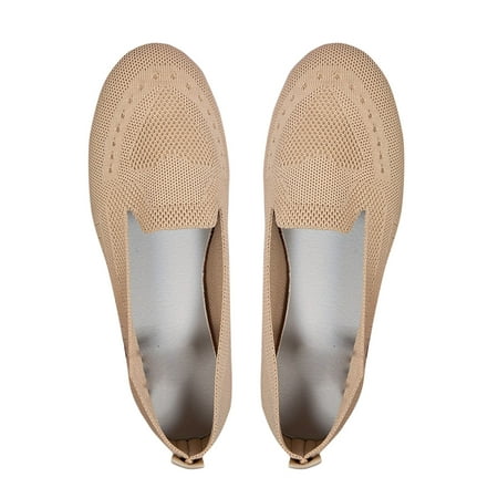 hopeusnice Women s Knitted Slip On Flats Comfortable Breathable Shoes Lightweight Loafers Casual Beach Sneakers Beige 41
