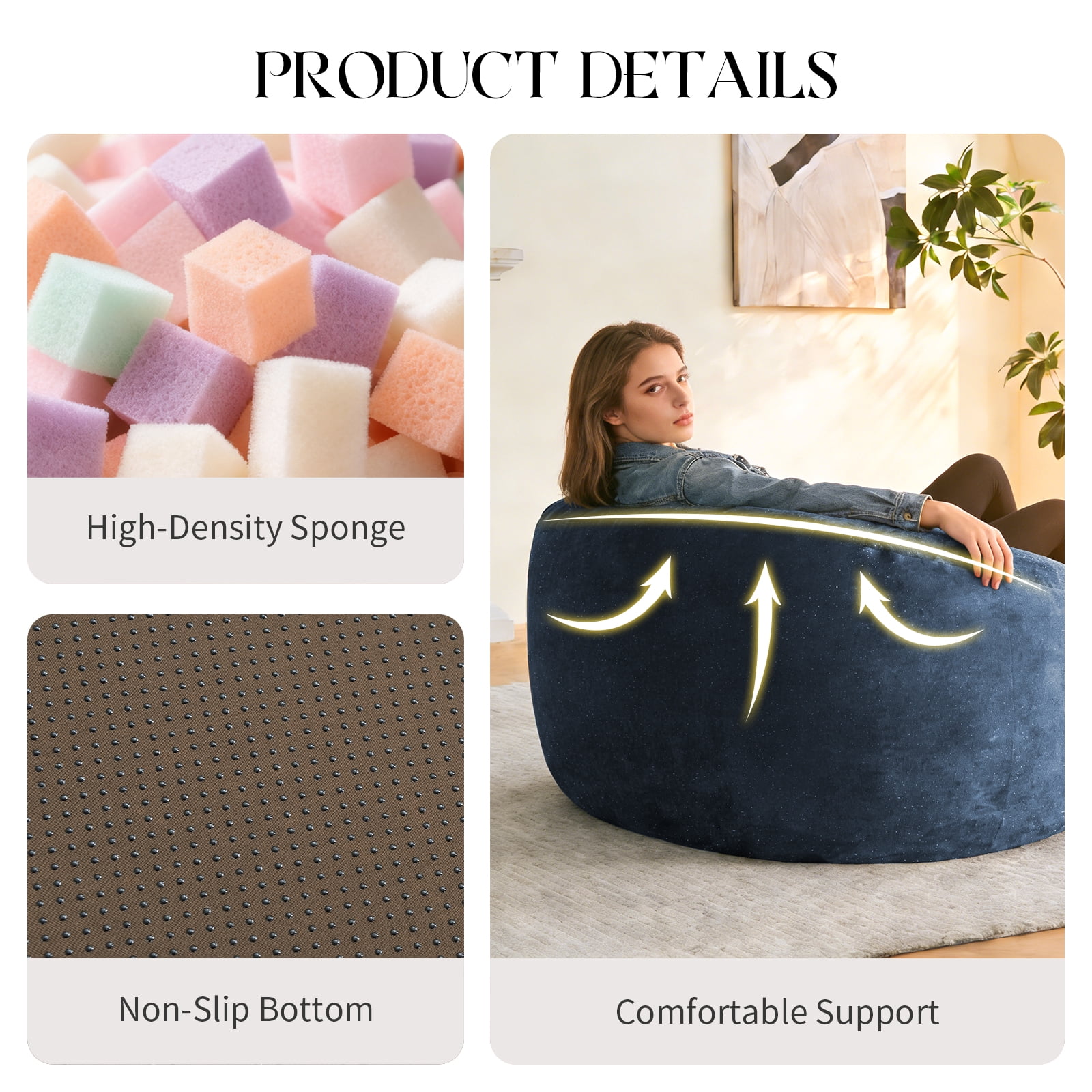 Ultra-Comfort Ergonomic Bean Bag Lounge Chair with Adjustable High-Elasticity Inner Filling and Detachable Washable Cover for Multi-Scene Use in Living Room/Bedroom/Balcony