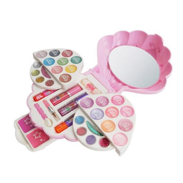 2x de juguetes de maquillaje para niños, con forma de concha, de maquillaje plegable de 3 capas con espejo, regalos para niñas pequeñas perfke Los niños fingen juguetes de disfraces