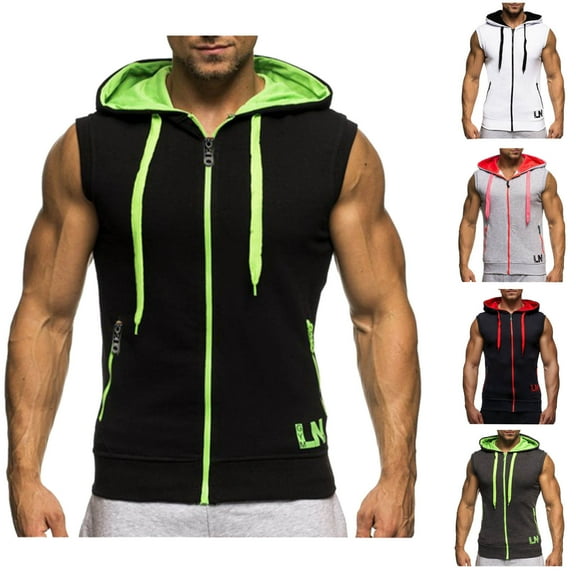 ZZwxWA Men's Sleeveless Slim Fit Hoodie Vest Zipper Drawstring Gilet Jacket with Pocket Men's Bodybuilding Hood Gym Tank Tops Tax Free Weekend