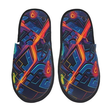 Balery Neon City Map Slient Indoor Furry Fleece Comfort House Shoes Soft Non-Slip Home Shoes Cotton slippers House Slippers-- Medium