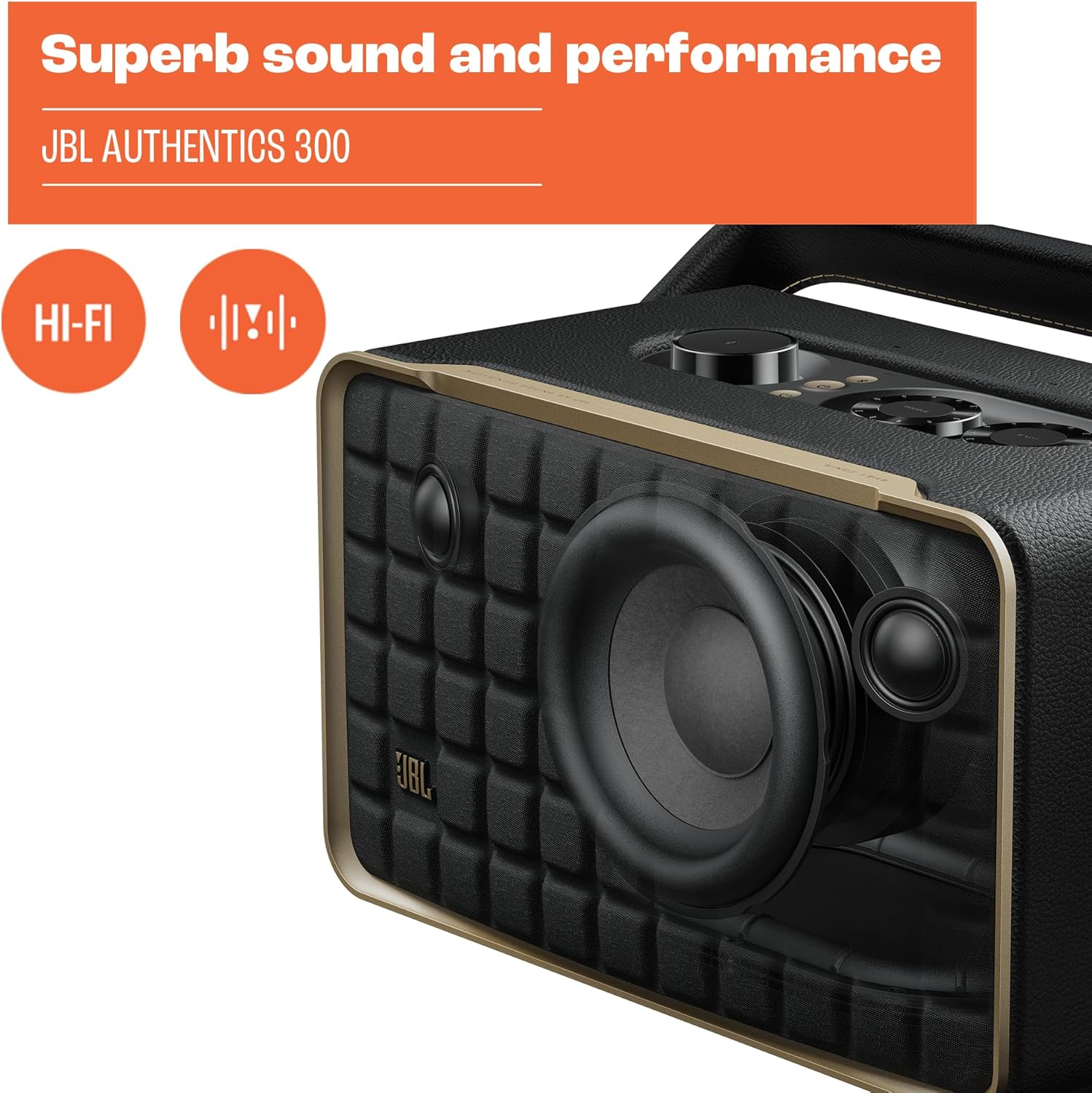 Open Box JBL Authentics 300 - Retro Style Wireless Bluetooth/WiFi Home Speaker, Built in Battery (4800mAh), Music Streaming Services via Built-in Wi-Fi, Built in Alexa and Google Assistant (White/Gold)