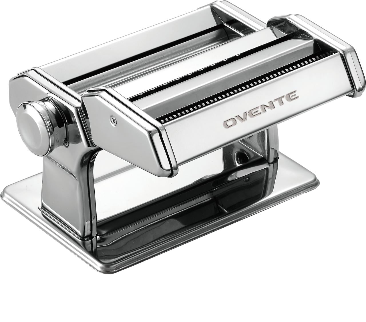 OVENTE Manual Stainless Steel Pasta Maker Machine and 7 Thickness Setting  (0.5 to 3 mm), Easy Cleaning & Storage with Attachments of Hand Crank  Roller Noodle Cutter & Countertop Clamp, Silver PA515S 