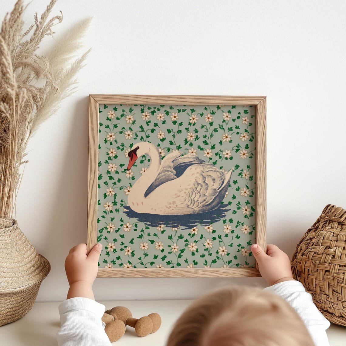 Vintage Swan Floral Farm Animal Nursery Print Stretched Art Home Decor Office Wall Art
