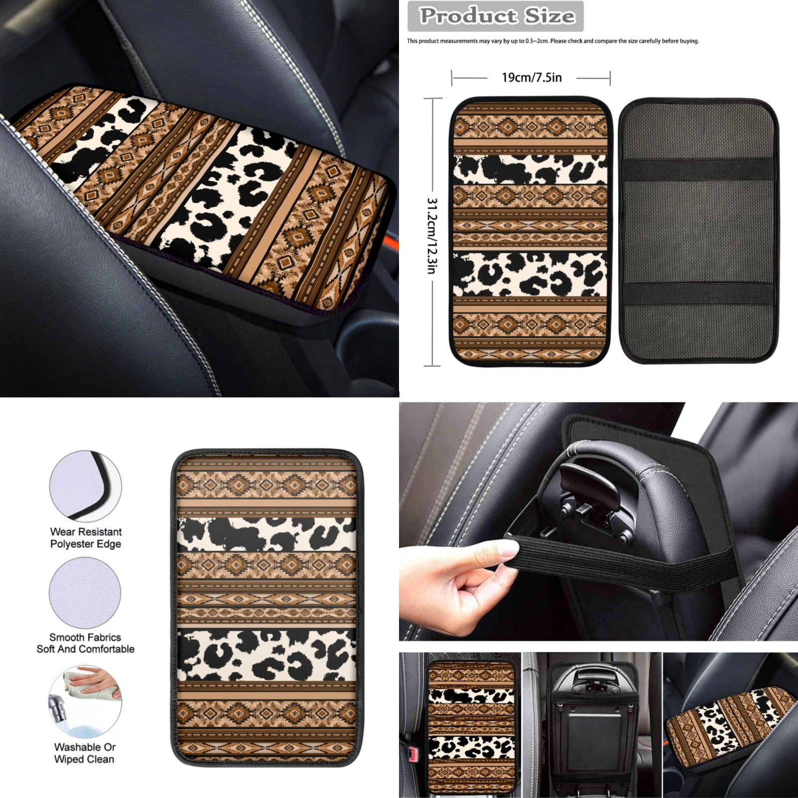 Renewold American Tribal Cow Print Brown 12 PCS Car Seat Cover Covers for Women, Non-slip Car Steering Wheel Cover Seatbelt Strap Shoulder Cover Coasters Armrest Pad Handbrake Cover Gear Shift Cover