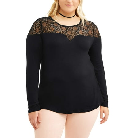 Junior Plus Lacy Yoke Shirt-tail Top