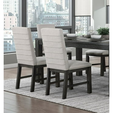 Antique Black Finish Wooden Side Chairs Set of 4 Gray Fabric Upholstered Kitchen Furniture