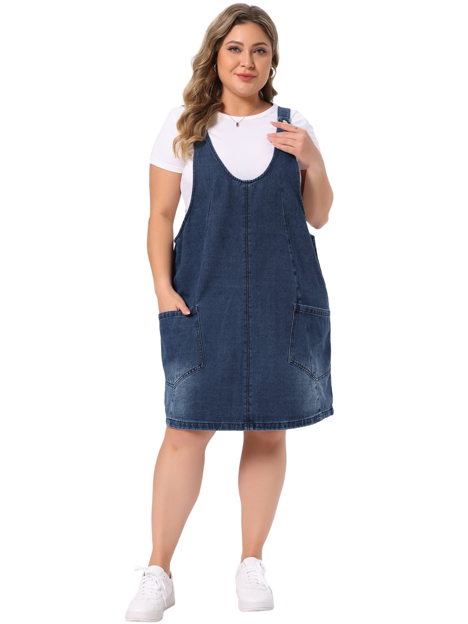DARING DIVA Women's Plus Denim Overall Sleeveless V Neck Denim Jumper Dress 4X Black Blue