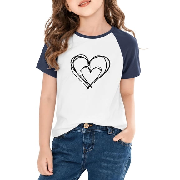 ITSAME Boys Girls T-Shirts, Round Neck Heart Graphic Crewneck Kids Short Sleeve Tees Navy 3T