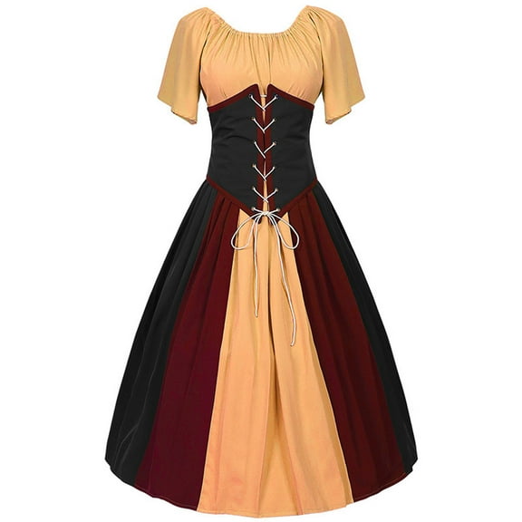 ShomPort Renaissance Maxi Dresses for Women Short Sleeve Medieval Dress Vintage Long Dress