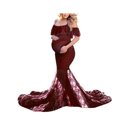 

UKAP Maternity Dress for Photography Women s Off Shoulder Flounce Floral Lace Baby Shower Pregnancy Trailing Gown Dress