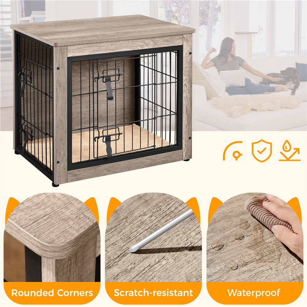 Alden Design 27.5"W Dog Crate Furniture with Anti Skid Plush Mat, Gray