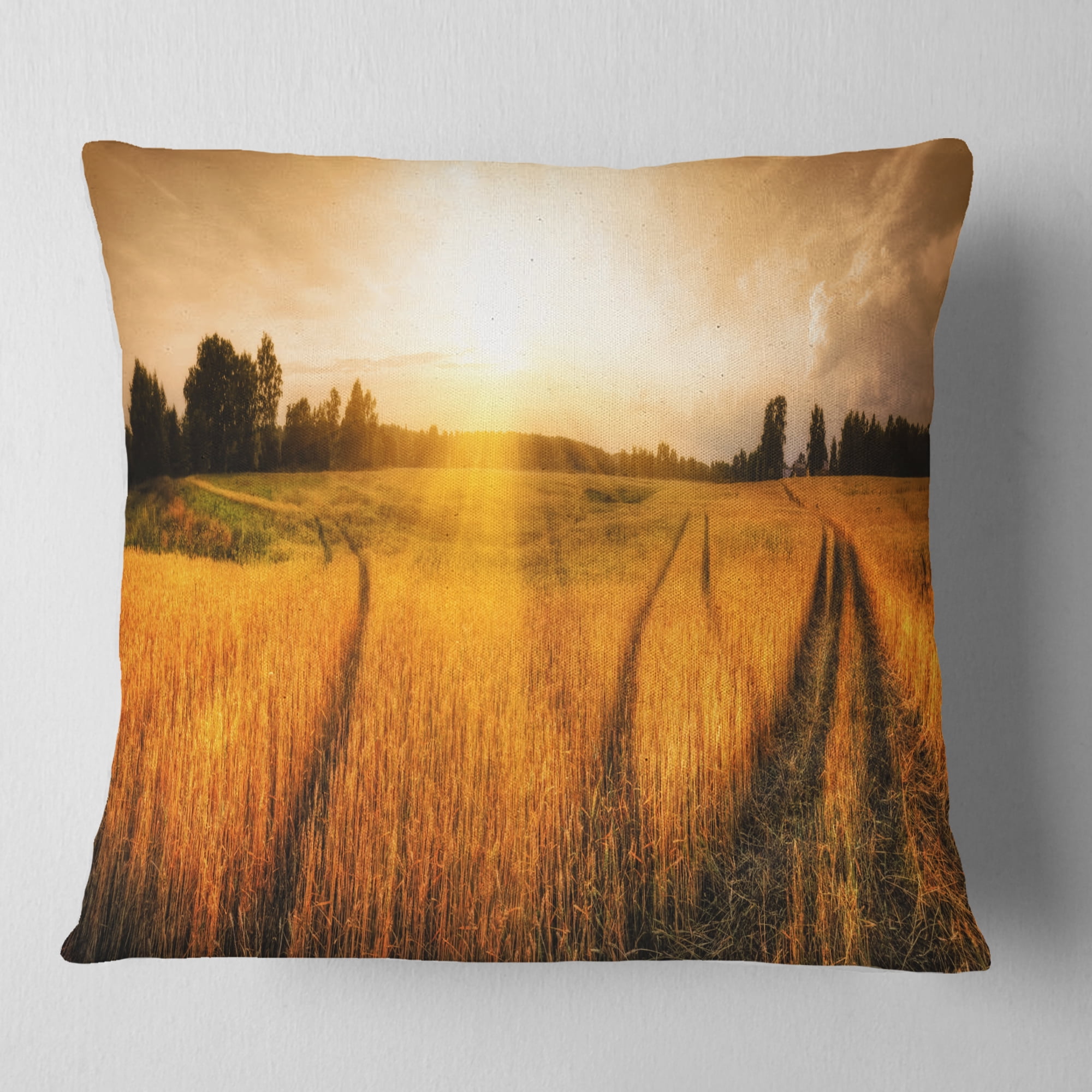 Designart Wheat Field at Sunset Panorama - Photography Throw Pillow - 18x18