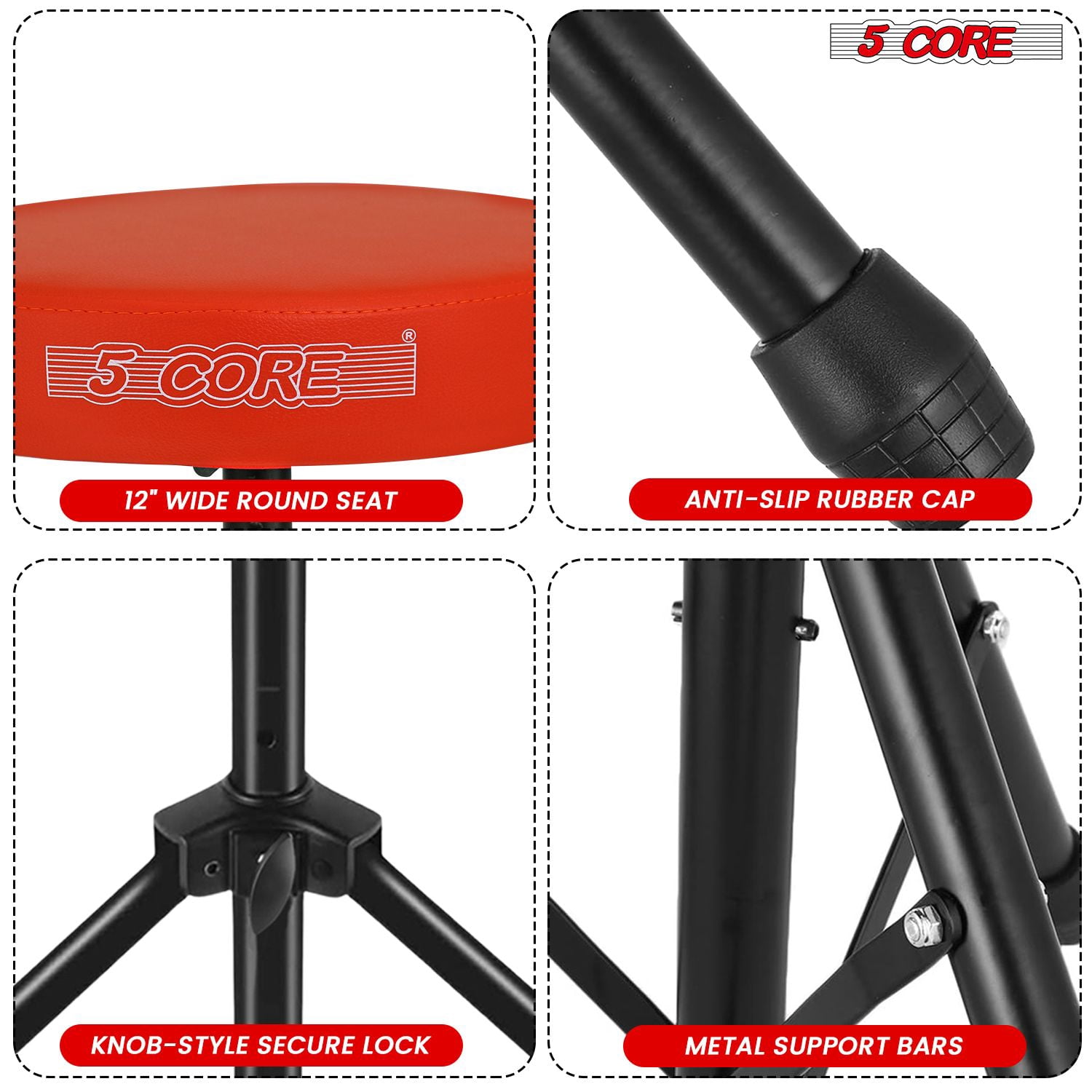 5 CORE Drum Throne 3 Inch Padded Comfortable Guitar Stool 330Lb Capacity Adjustable to 22" Drummer Seat for Adults and Kids Orange - DS 01 ORG
