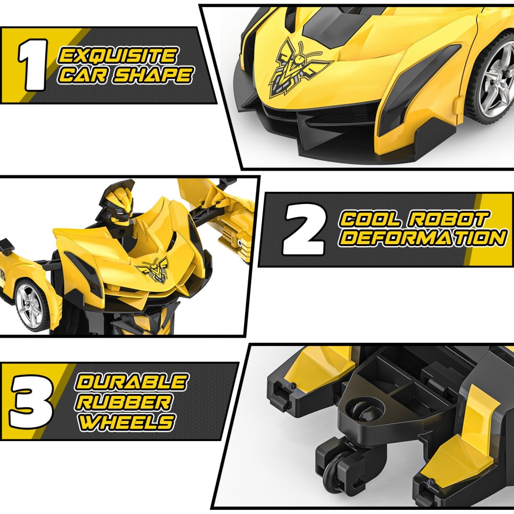Wupuaait 2.4Ghz Transform Rc Cars 1:18 Scale Remote Control Car Transforming Robot, One-Button Deformation 360° Rotation Car Toy Gifts for Boys 3-12, Bee