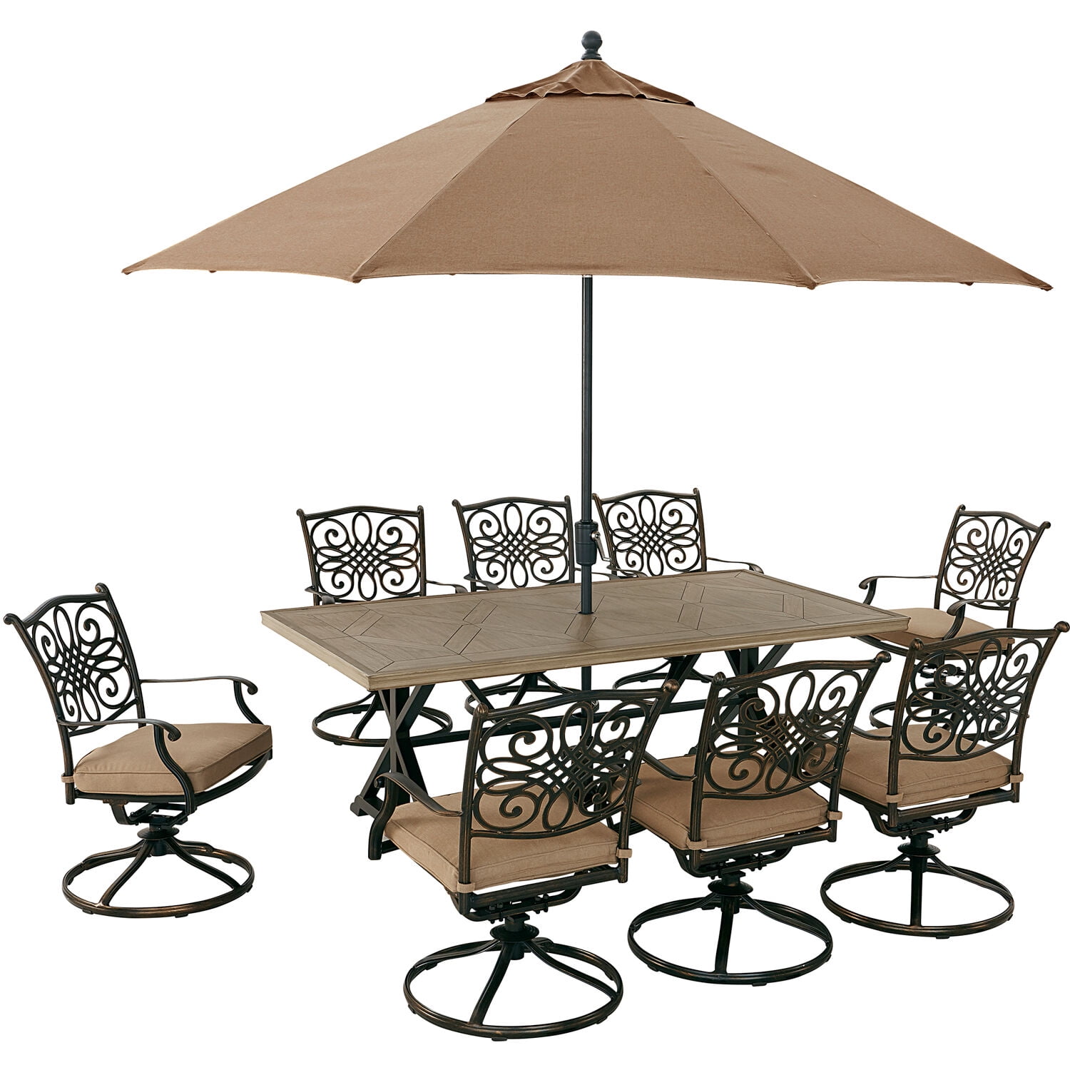 Hanover Traditions Farmhouse 9Piece Outdoor Patio Dining Set, 8 Cushioned Swivel Rocker Chairs