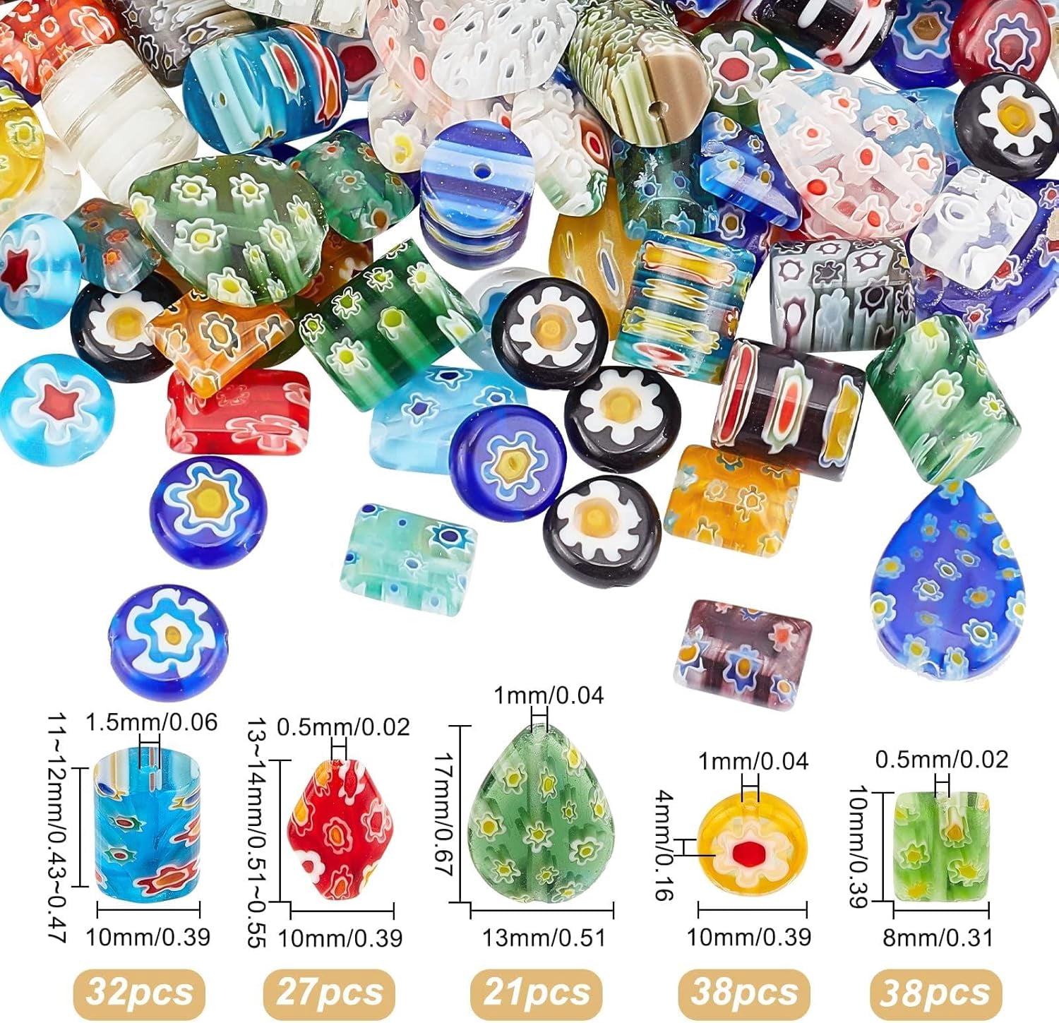 156Pcs Handmade Millefiori Glass Beads Strands Mixed Color Spacer Beads Millefiori Lampwork Glass Beads for Jewelry Making - 5 Styles DIY DIY
