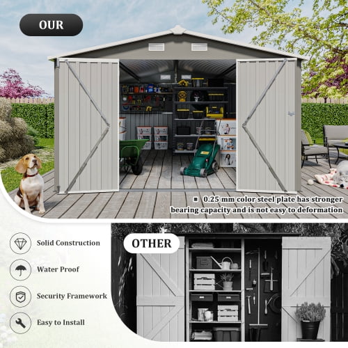 Villeston Outdoor Storage Shed 10×14 FT with 3 Lockable Doors,4 Vents,for Backyard Patio Lawn, Light Grey