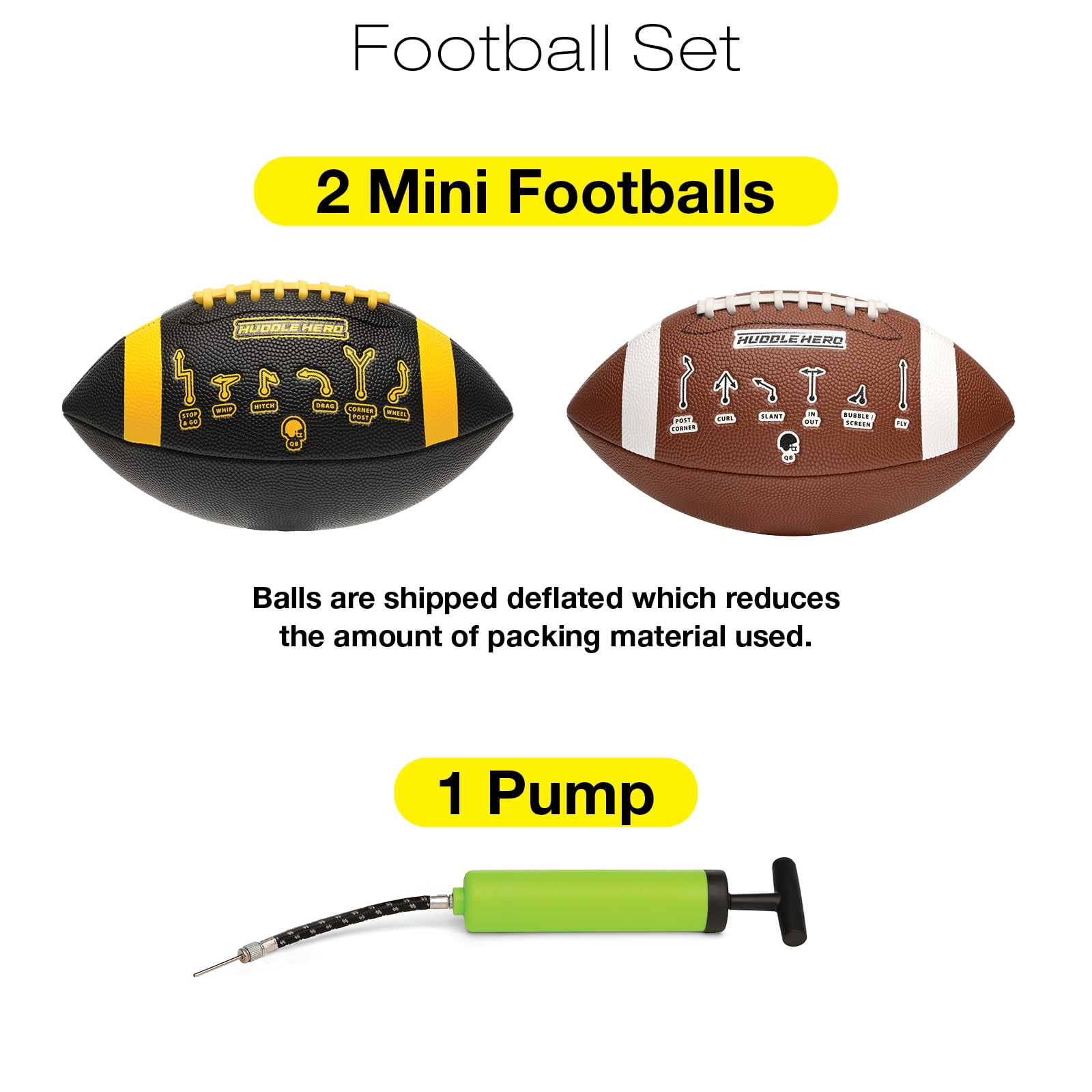 Huddle Hero Mini Football 2-Pack w/ Pump (Black/Green and Brown/White) (Black and Orange, Mini)