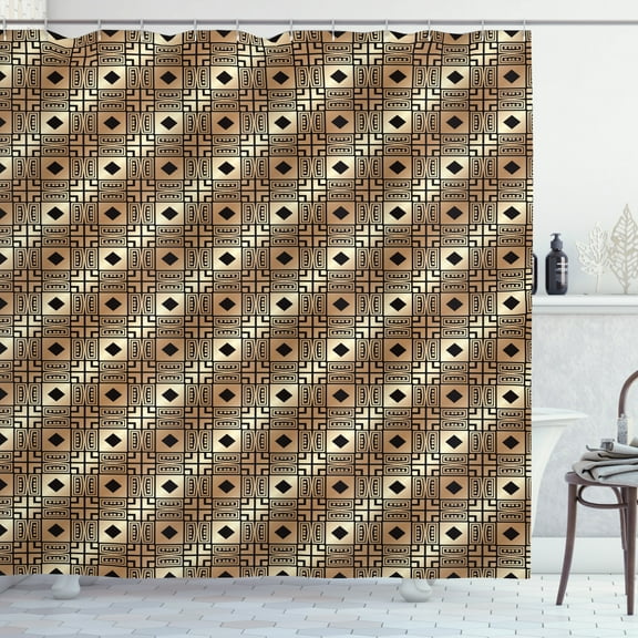 Art Deco Shower Curtain, Transitioned Muted Colors in Coffee Tones Geometric Tetragon Patterns, Fabric Bathroom Set with Hooks, 69W X 70L Inches, Dark Brown and Camel, by Ambesonne