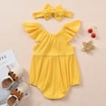 thumbnail image 3 of Penkiiy Infant Baby Girls Lace Fly Sleeve Ribbed Solid Clothes Romper Hairband Outfits Baby Girl Summer Backless Jumpsuit 0-3 Months Yellow On Sale, 3 of 9
