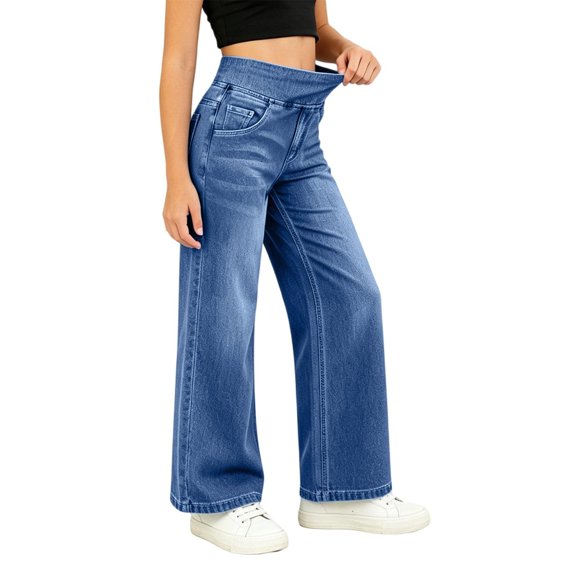RTKFRFLM Girls Wide Leg Pants Straight Leg Loose Fit High Waist Multi Pocket Denim Casual Long Trousers for Kids for Everyday Casual Wear