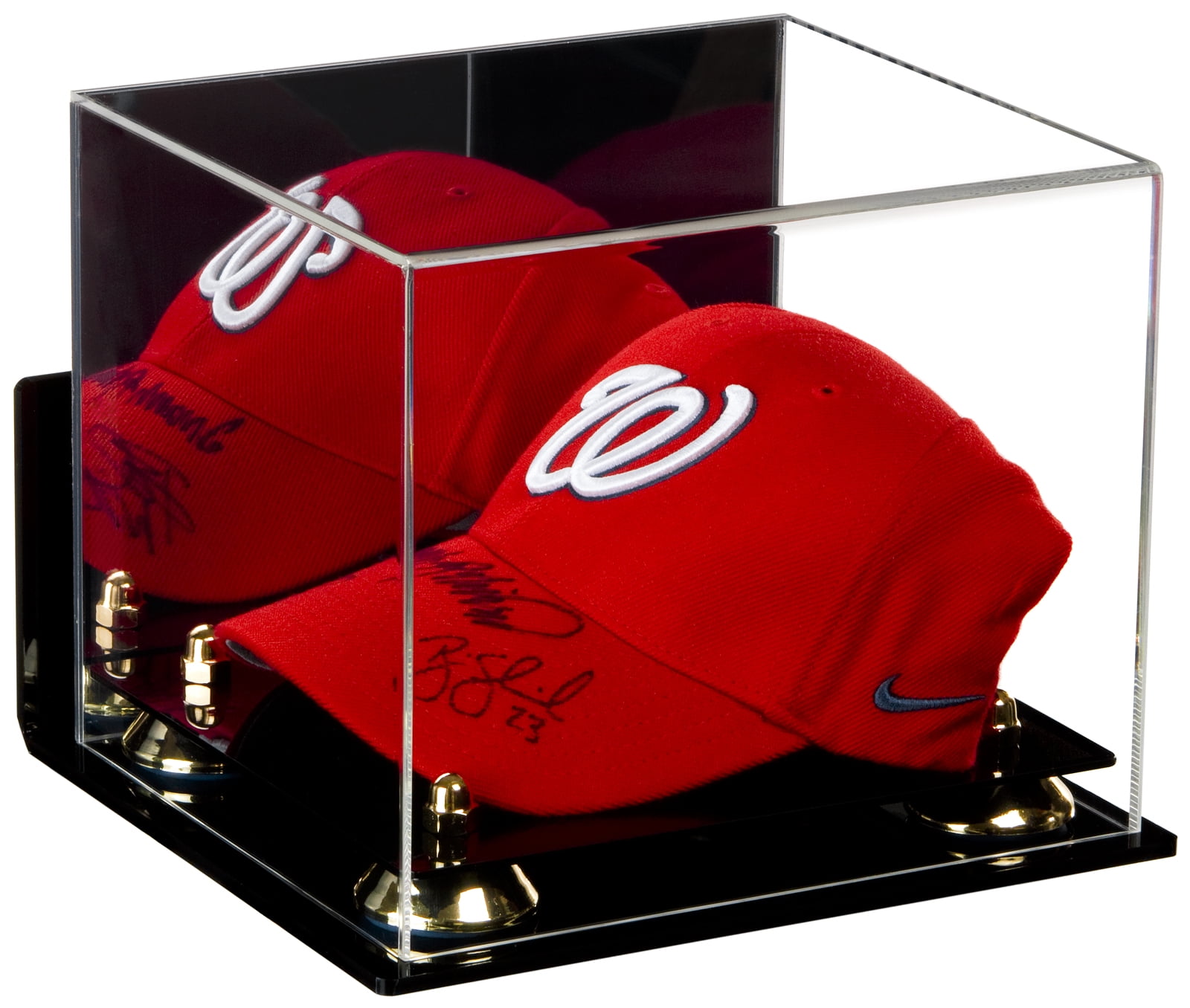 Deluxe Acrylic Baseball Cap Display Case with Gold Risers Mirror and
