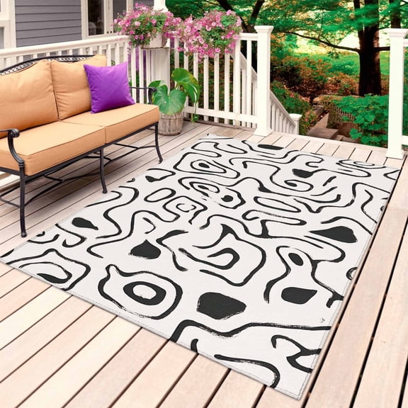 Abstract Boho Outdoor Rug for Patio/Deck/Porch, Non-Slip Large Area Rug 3 x 5 Ft, Modern Fluid Lines Black Gray Texture Indoor Outdoor Rugs Washable Area Rugs, Reversible Camping Rug Carpet Runner