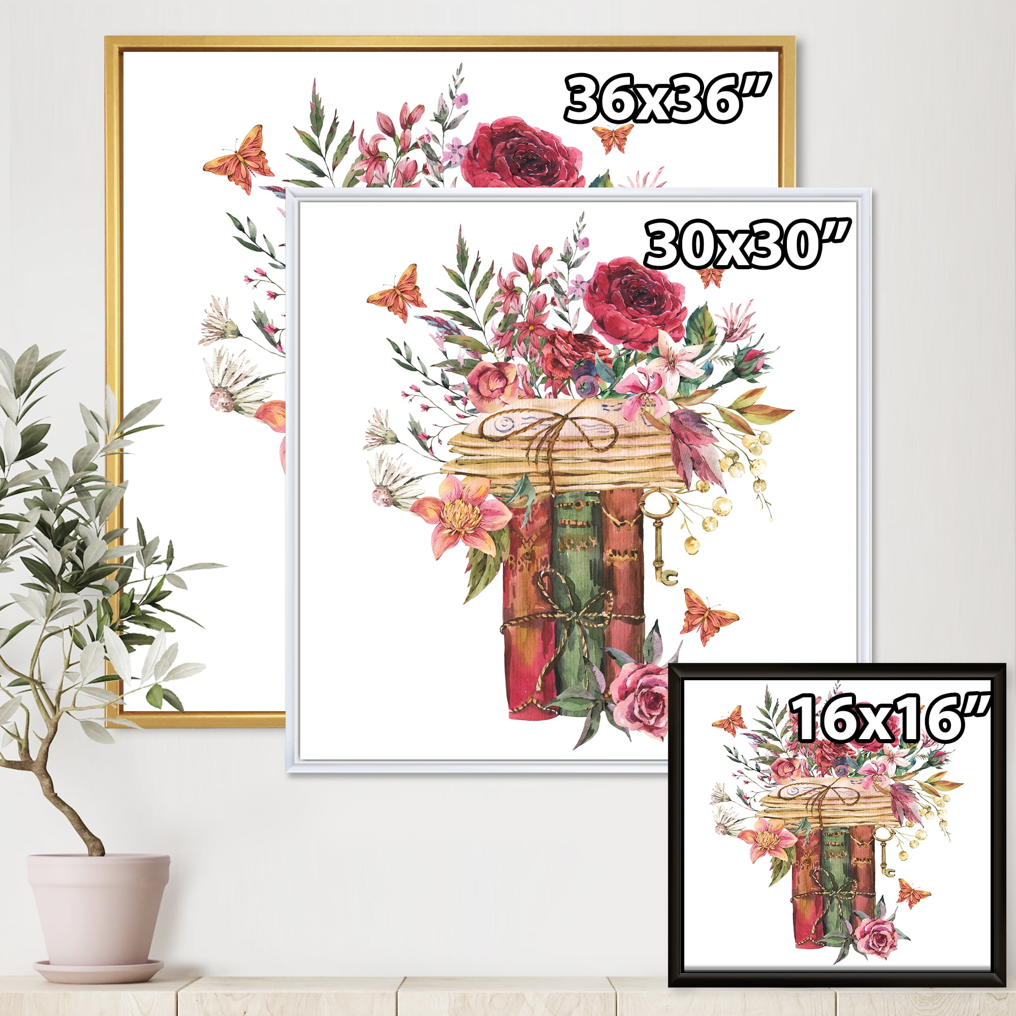 Designart 'Wildflowers With Vintage Old Books' Farmhouse Framed Canvas Wall Art Print