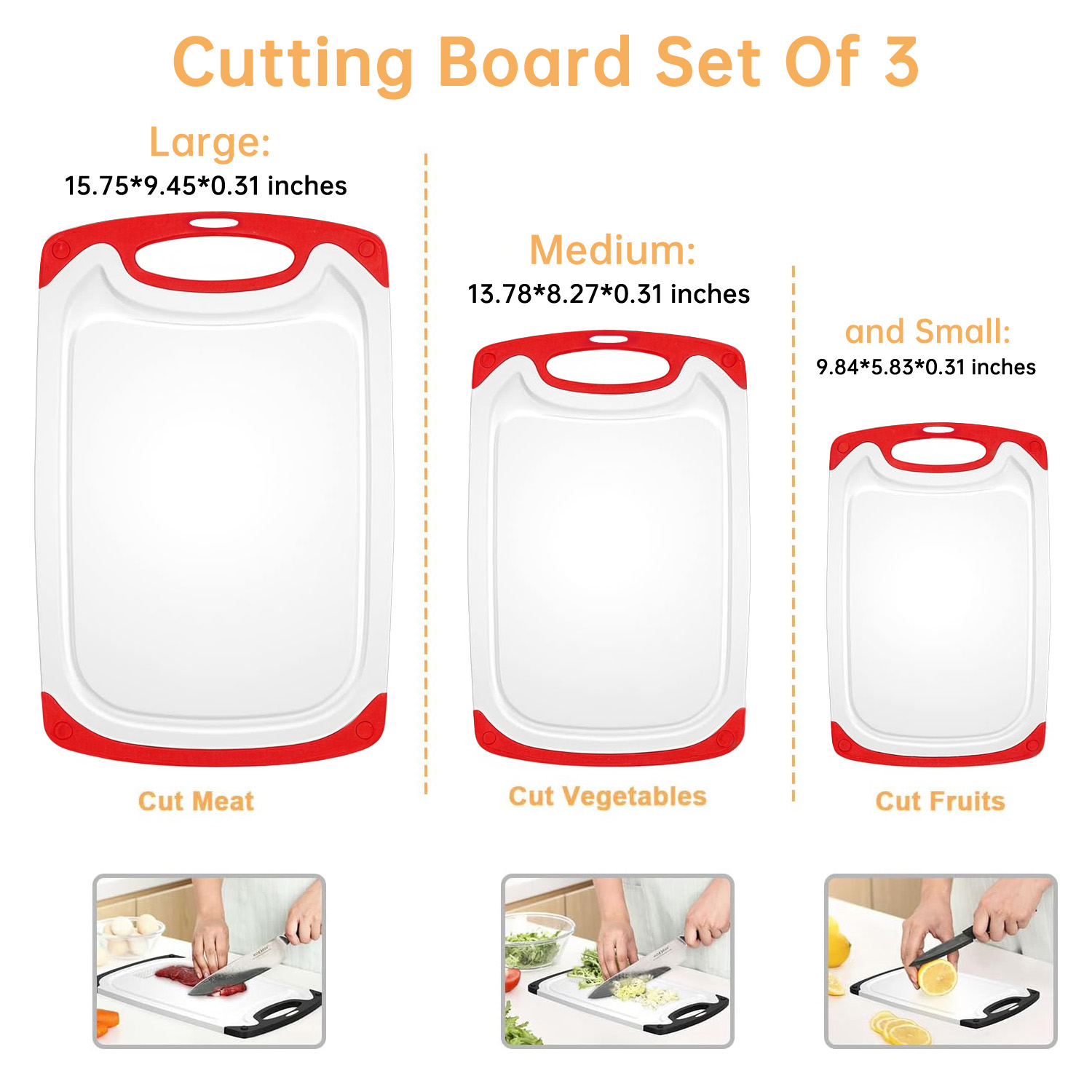 GPED 3-Piece Plastic Cutting Board Set with Juice Grooves, Red photo 5