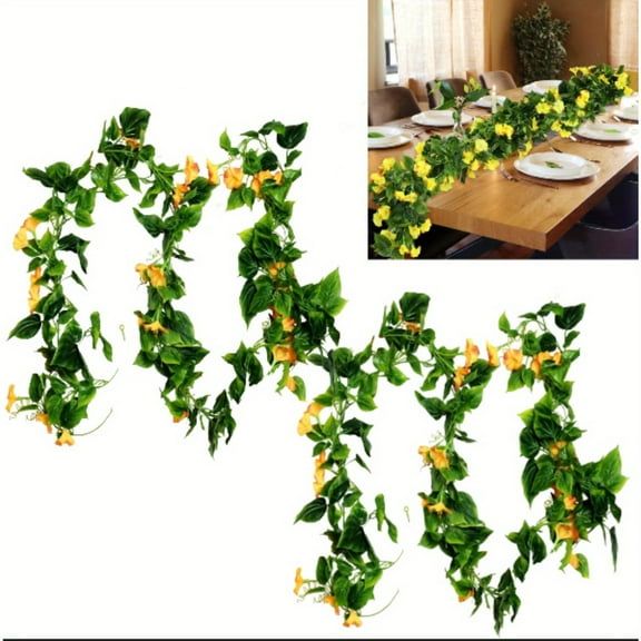 Yellow Morning Glory Vines 4-Pack, 15ft Artificial Flower Garland with Yellow Blooms for Wall Fence Decor