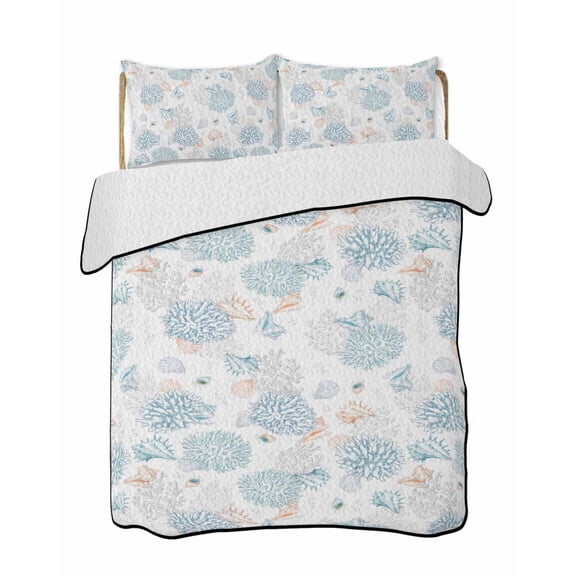 Twin XL Quilt Bedding Set, Blue Gray Coastal Reversible Summer Quilt 3 Pieces, Summer Beach Ocean Coral Conch Shell Lightweight Bedspreads Coverlets with 2 Pillow Shams for All Seasons