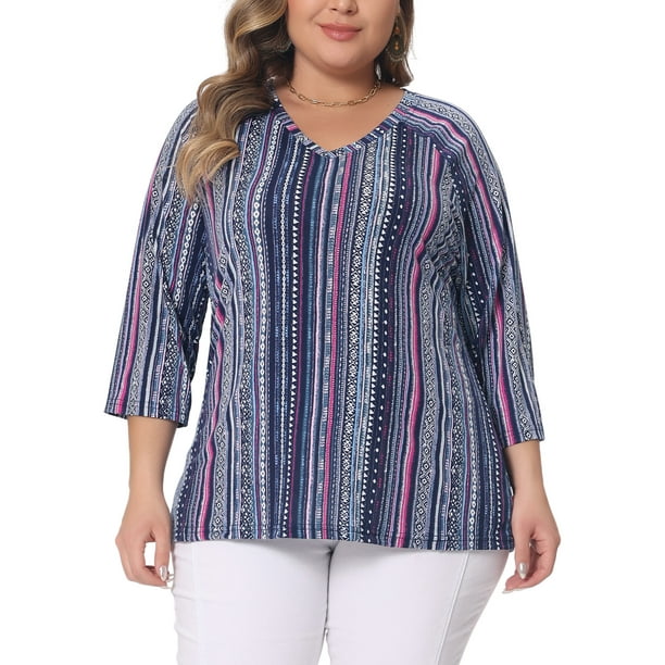 Agnes Orinda Blusas de Talla Grande para Mujeres Cuello en V Manga 3/4 Camiseta de Punto Rayas Bohemias 1X Azul Marino