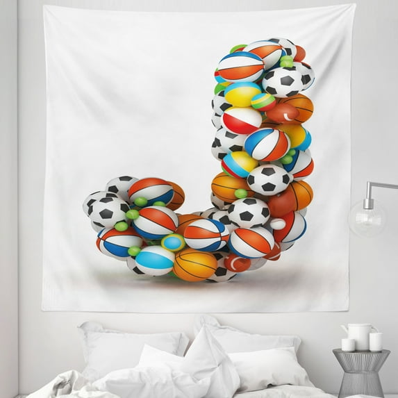 Letter J Tapestry, Letter J Capitalized Sportings Basketball Football Pigskin Fun Games Design, Fabric Wall Hanging Decor for Bedroom Living Room Dorm, 5 Sizes, Multicolor, by Ambesonne