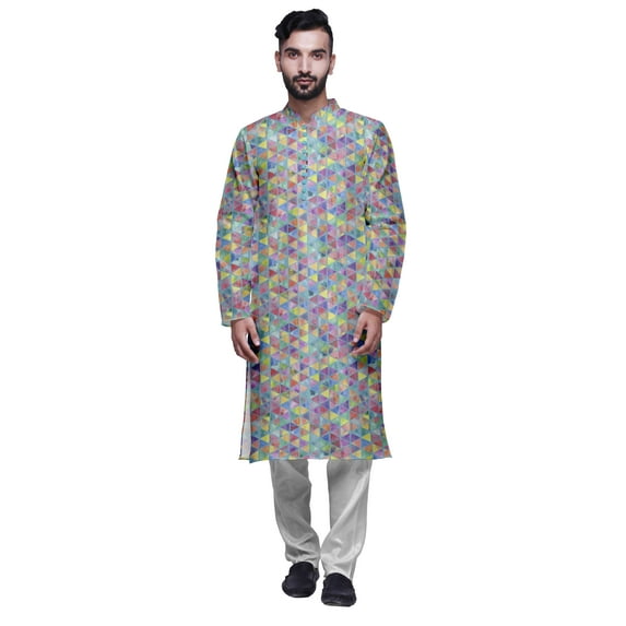 Atasi Mens Printed Modal Satin Indian Long Kurta With White Churidar Pajama Set