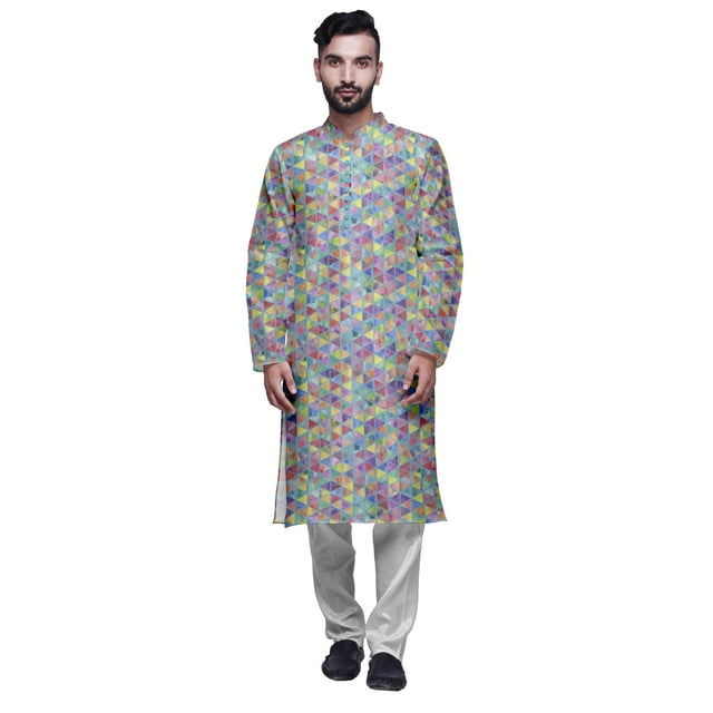 Atasi Printed Mens Kurta & White Churidar Pyjama Set Mandarin Neck Ethnic Wear