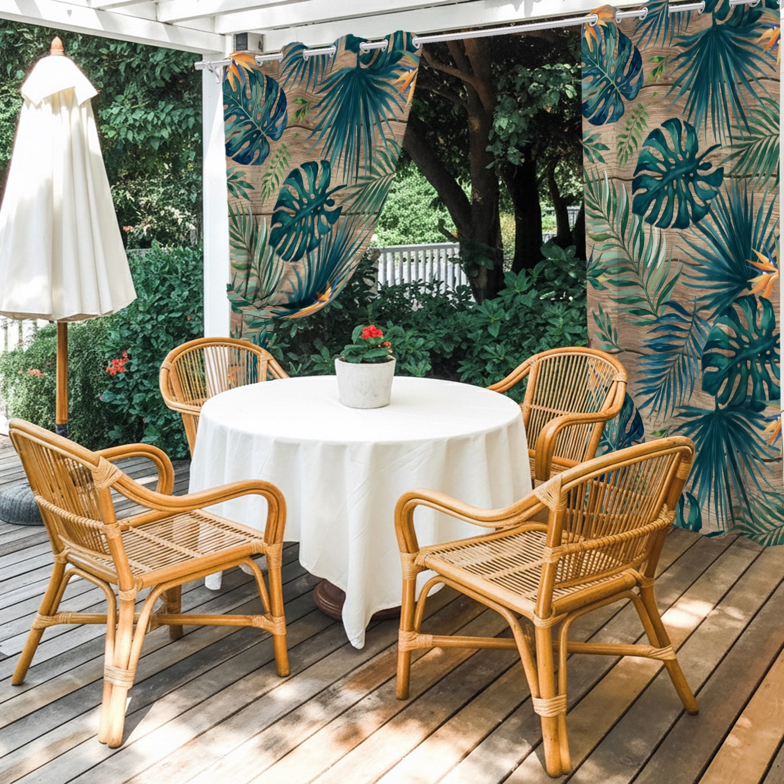 Palm Leaves Outdoor Curtains for Patio, Summer Brown Wood Grain Tropical Botanical Sunshade Privacy Drapes Grommet Waterproof Outside Curtains for Porch/Cabana/Balcony 54"x 108", 1 Panel