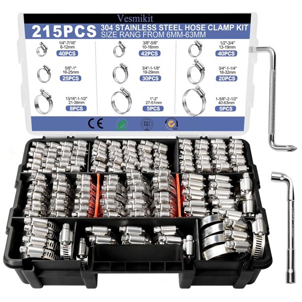 Kit de abrazaderas para manguera Vesmikit, 215 piezas, acero inoxidable, 6-63 mm