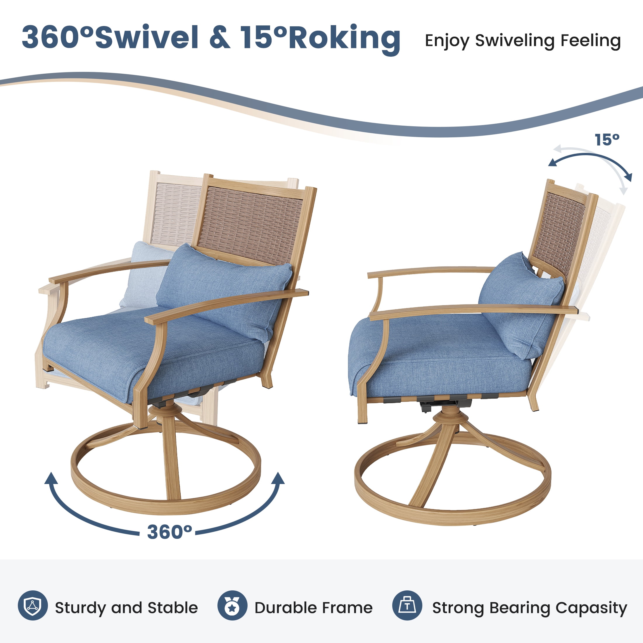 Poteban Patio Swivel Chairs Set of 2, Outdoor Dining Chairs with Deep Seat Cushion, All Weather Swivel Rocker Chairs with Hand-Painted Metal Frame, for Backyard Deck Lawn (Blue)