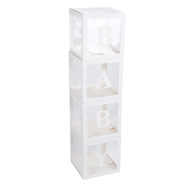 Clear Boxes For Balloons, Letter Boxes For Party Reusable 4 White Boxes Plastic For Birthday Party Decor For Gender Reveal Decorative Blocks For Parties BABY