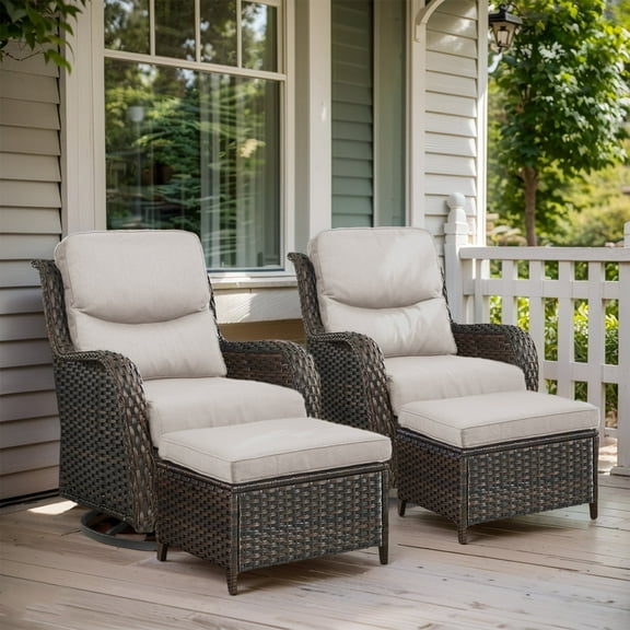 POCASSY 4 Pieces Patio Furniture Set with Swivel Chairs and Ottomans, High Back Deep Seat Cushioned Wicker Outdoor Swivel Chairs Set of 2 with Ottoman for Porch & Balcony, Brown/Beige