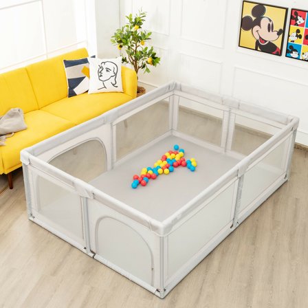 Gymax Extra-Large Safety Baby Fence Baby Playpen with 50 Ocean Balls Gray