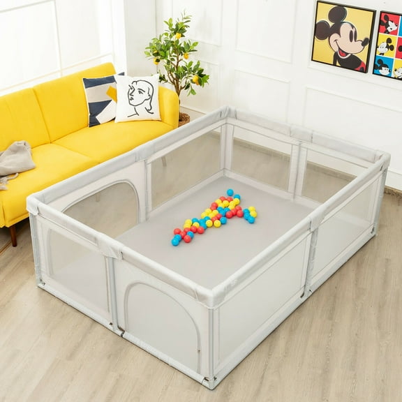 Gymax Extra-Large Safety Baby Fence Baby Playpen with 50 Ocean Balls Gray