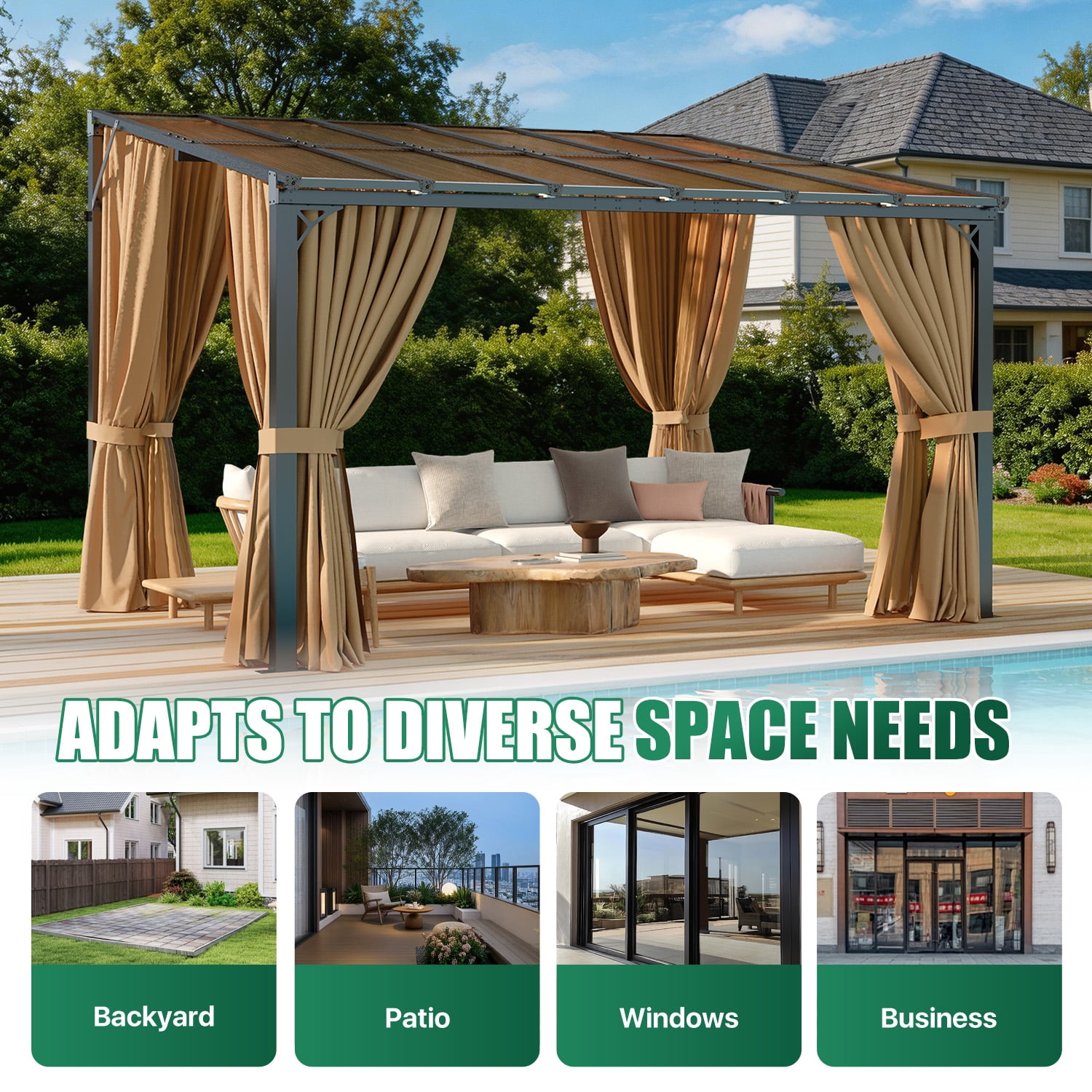 BaPiPro 10‘x12’ Wall-Mount Patio Gazebo – Polycarbonate Hardtop Roof, Mosquito Netting & Privacy Curtains